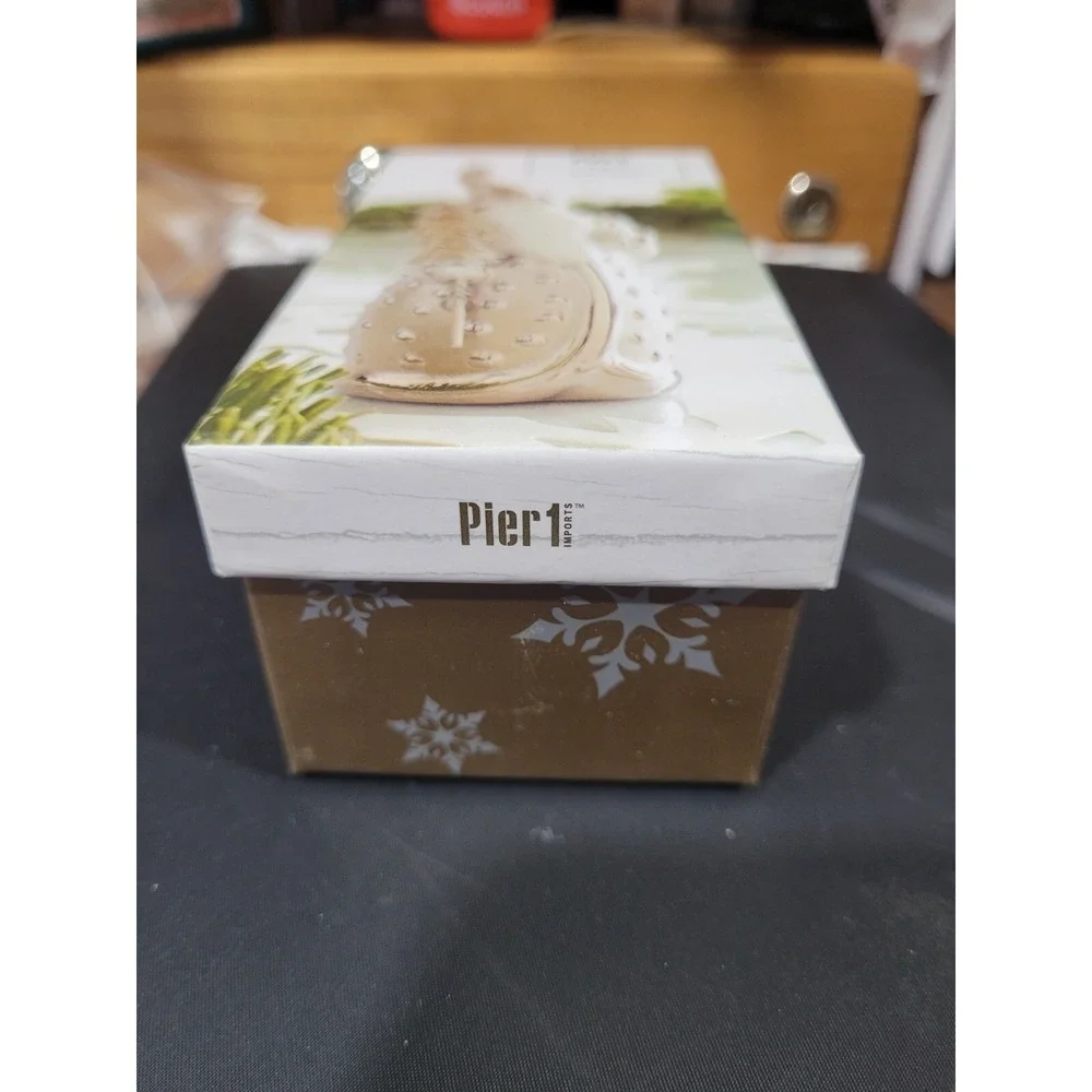 Pier 1 Ceramic Silver & White Santa Figurine Holding Tree - Original box